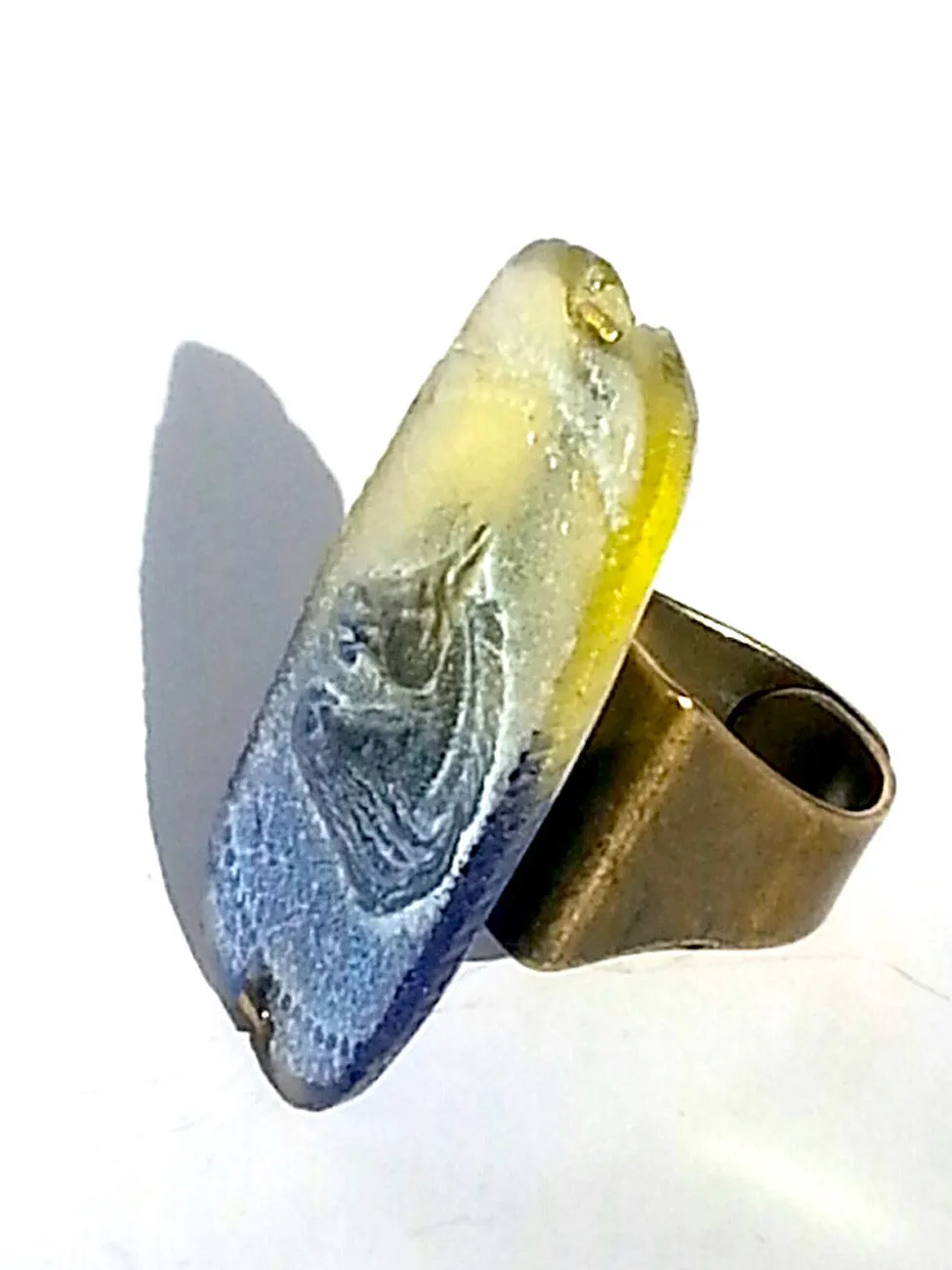 Ring Hand Cast French Glass Horse Blue and Yellow