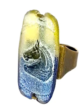 Ring Hand Cast French Glass Horse Blue and Yellow