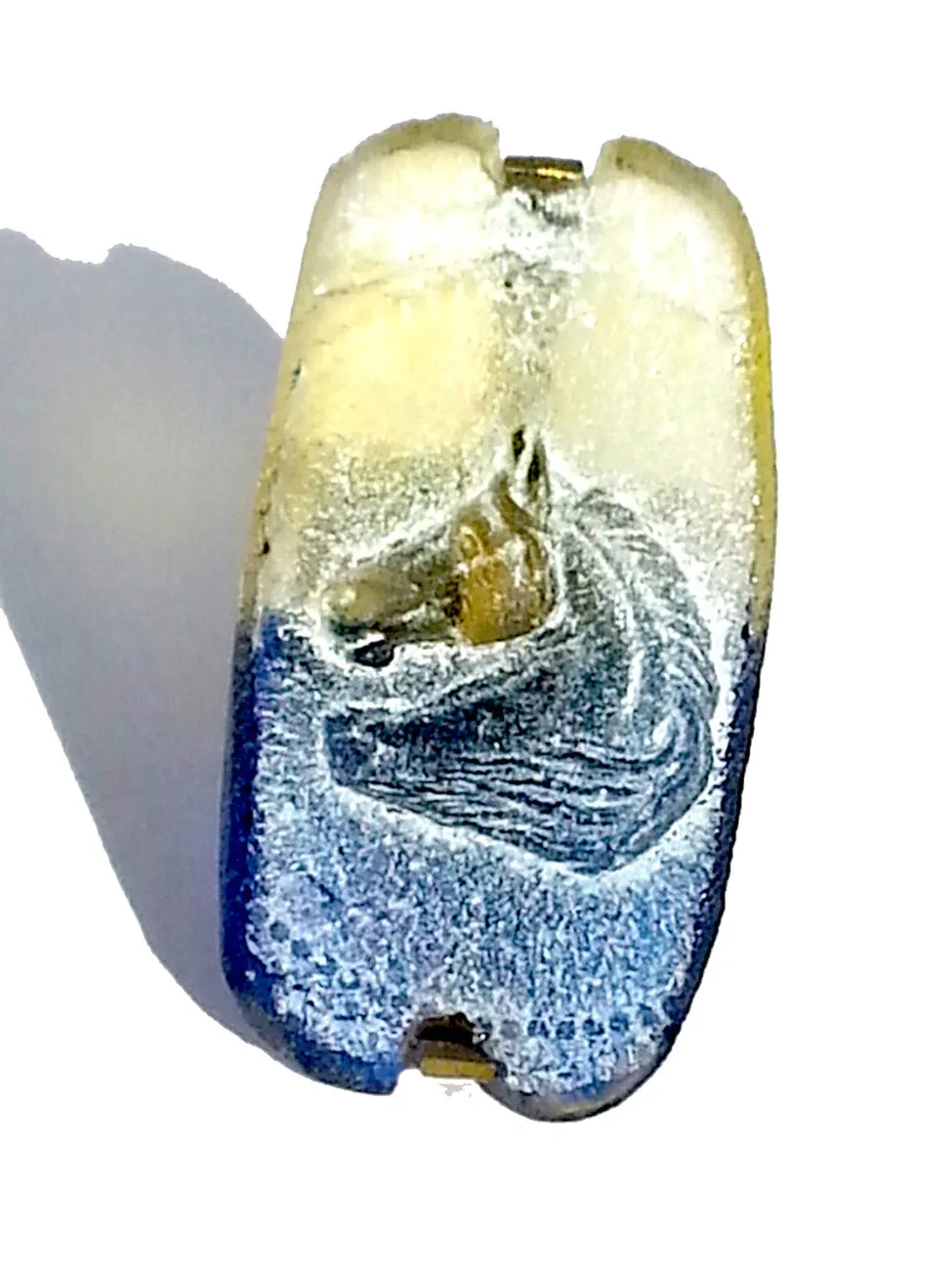 Ring Hand Cast French Glass Horse Blue and Yellow