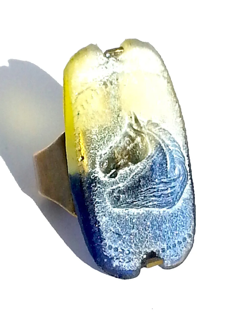 Ring Hand Cast French Glass Horse Blue and Yellow