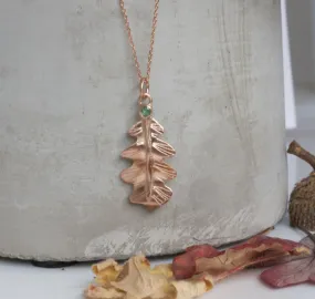 Rose Gold Oak Leaf Pendant, Solid 9ct Red Gold and Emerald Forest Leaf Necklace