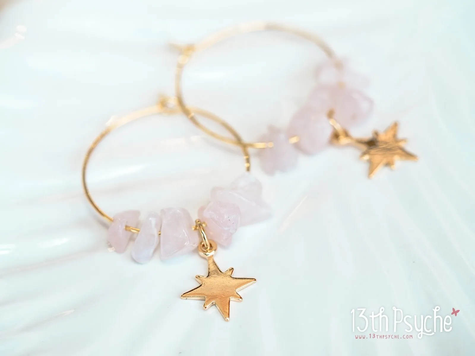 Rose quartz hoop earrings with moon or star charm