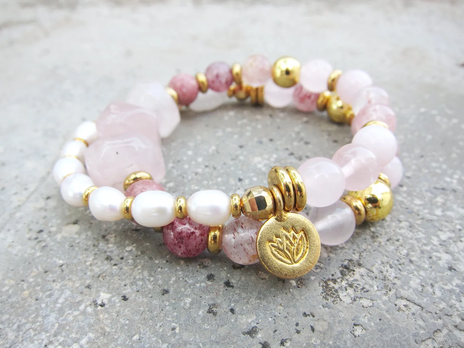 Rose Quartz, Strawberry Quartz, Thulite - Love, Fertility Mala Bracelet in 18K Gold Vermeil Lotus Charm