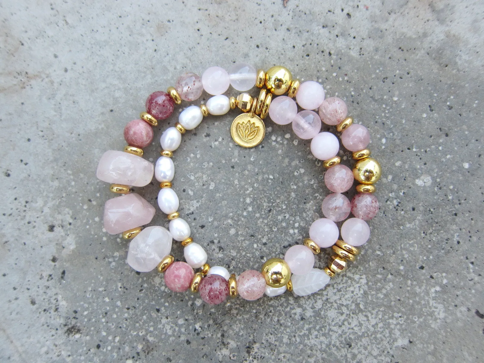 Rose Quartz, Strawberry Quartz, Thulite - Love, Fertility Mala Bracelet in 18K Gold Vermeil Lotus Charm