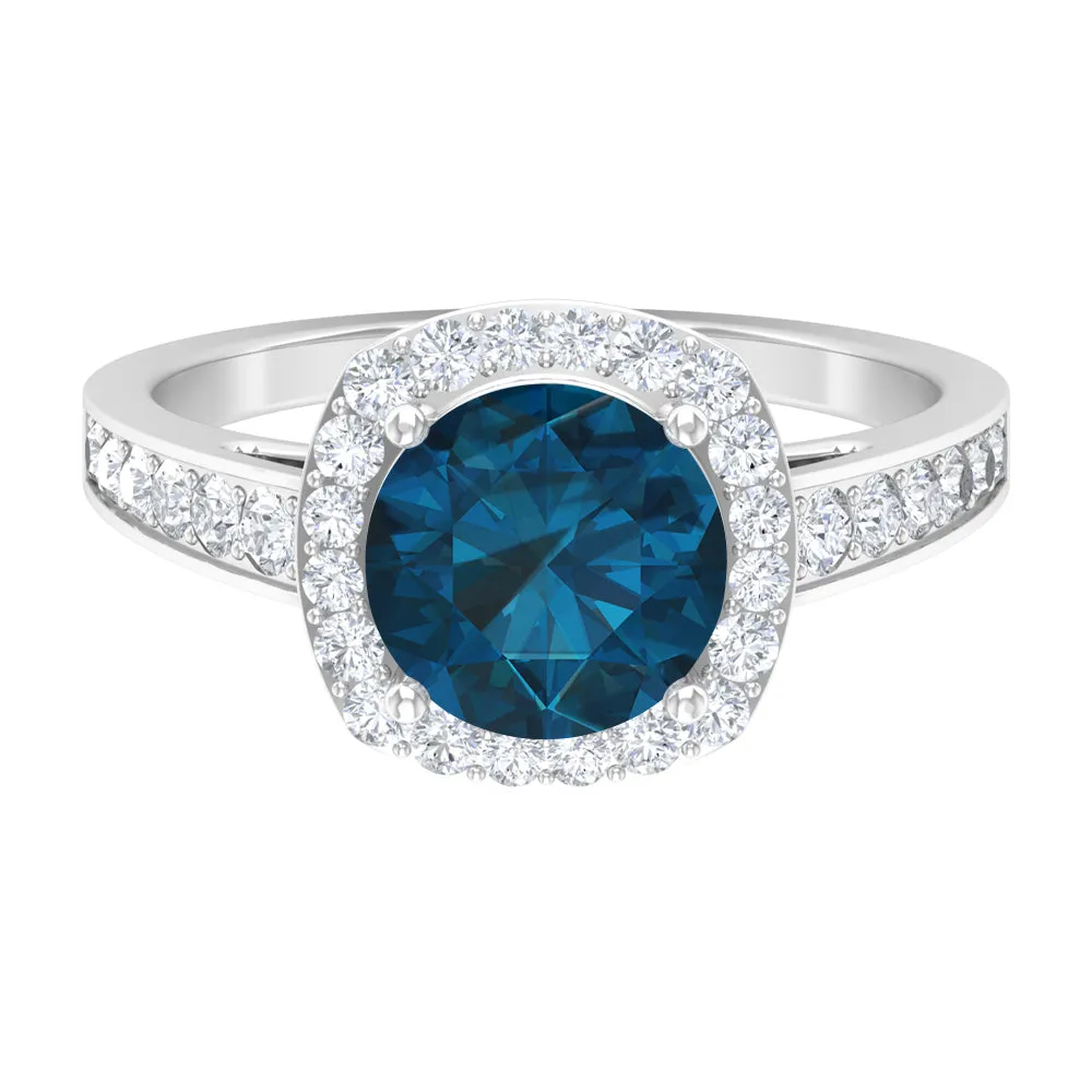 Round London Blue Topaz Classic Halo Ring with Diamond