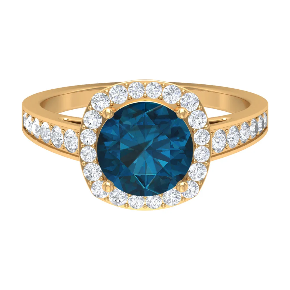 Round London Blue Topaz Classic Halo Ring with Diamond