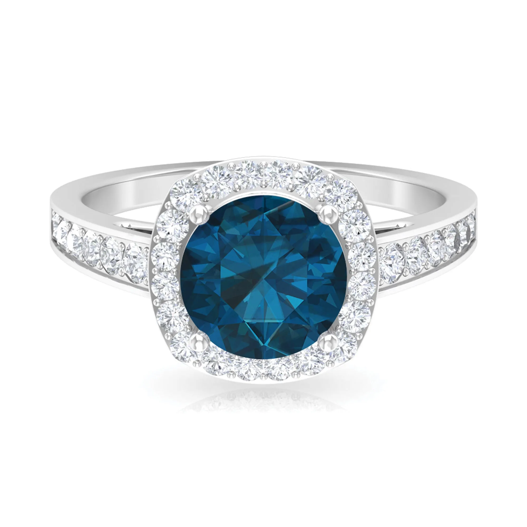 Round London Blue Topaz Classic Halo Ring with Diamond