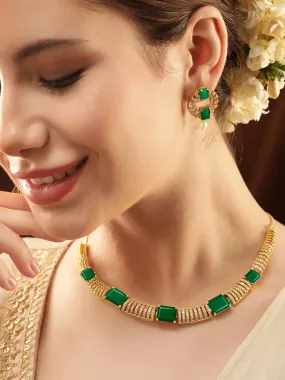 Rubans 22K Gold-Plated Emerald Green & Cubic Zirconia Studded Premium Jewellery Set with Earrings