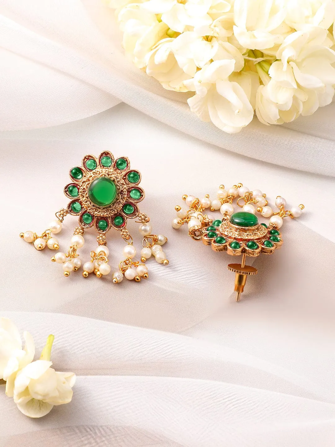 Rubans 22K Gold-Plated Emerald Green Kundan Studded Choker Jewellery Set with Pearl Accents