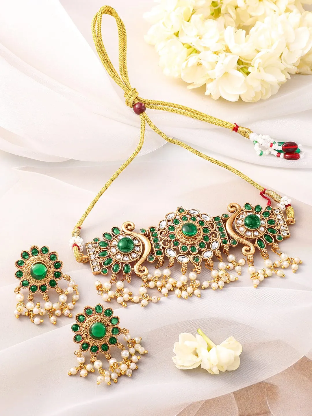 Rubans 22K Gold-Plated Emerald Green Kundan Studded Choker Jewellery Set with Pearl Accents