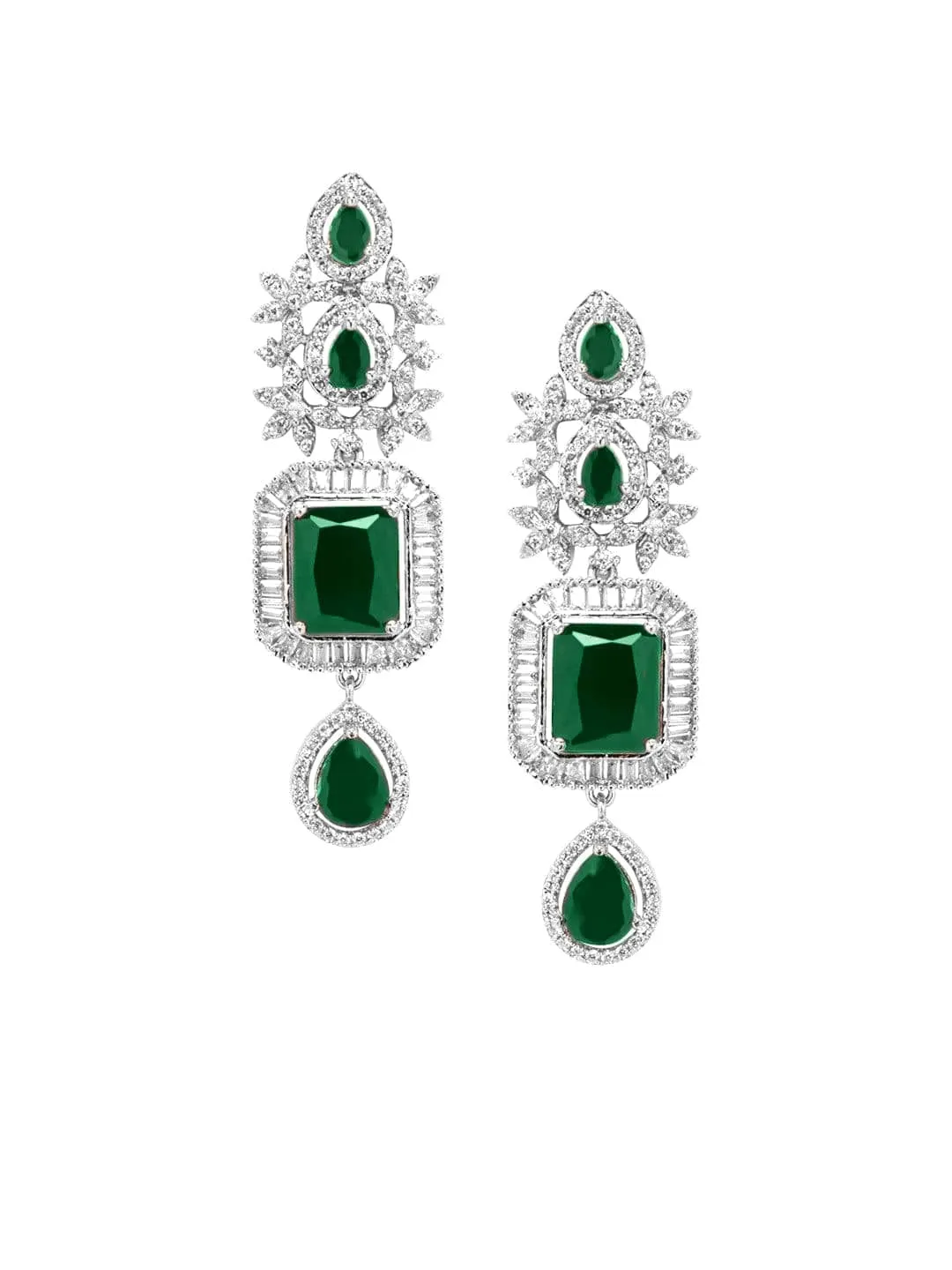 Rubans Rhodium-Plated Cubic Zirconia Studded Emerald Necklace and Earrings