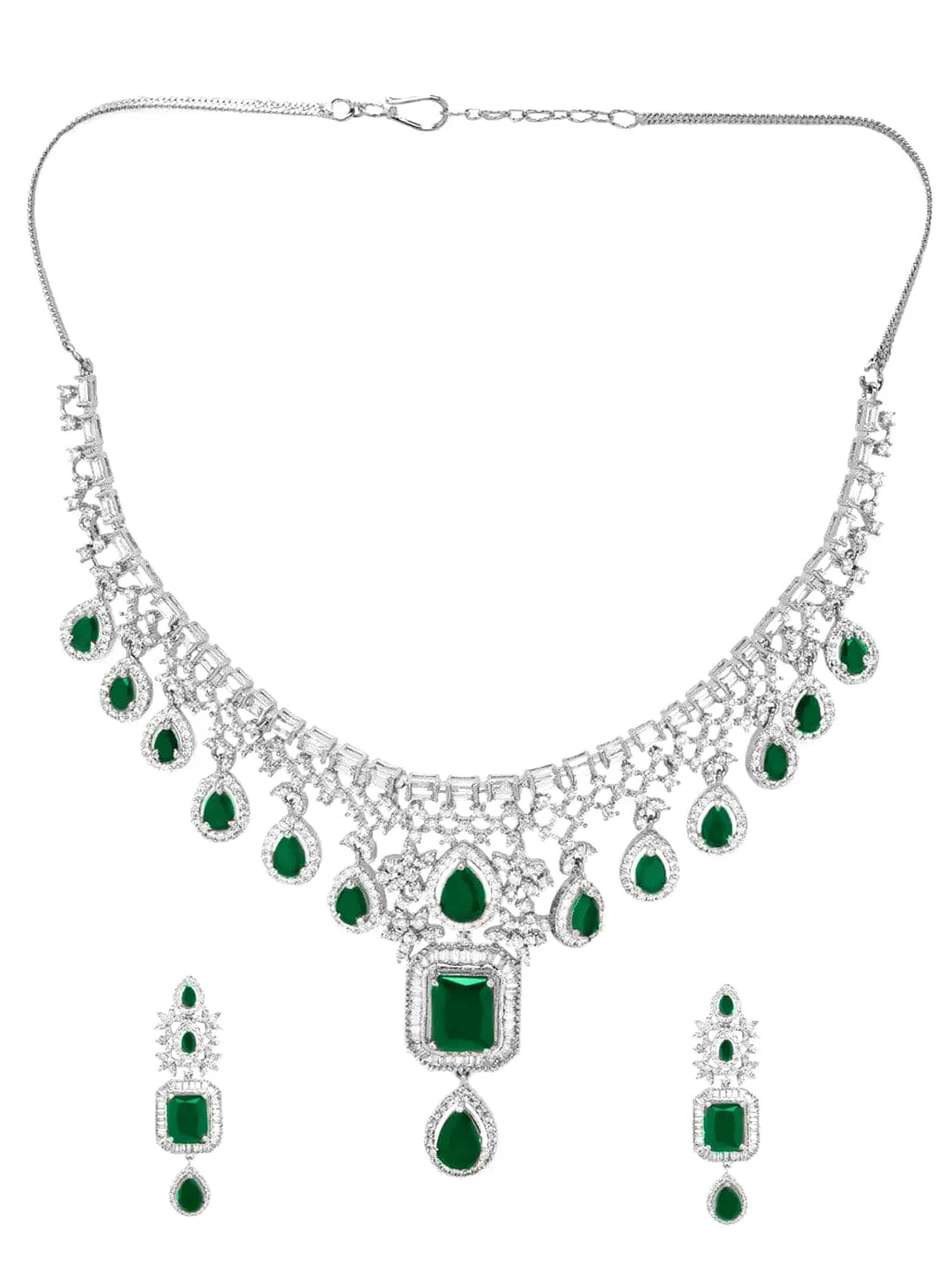 Rubans Rhodium-Plated Cubic Zirconia Studded Emerald Necklace and Earrings