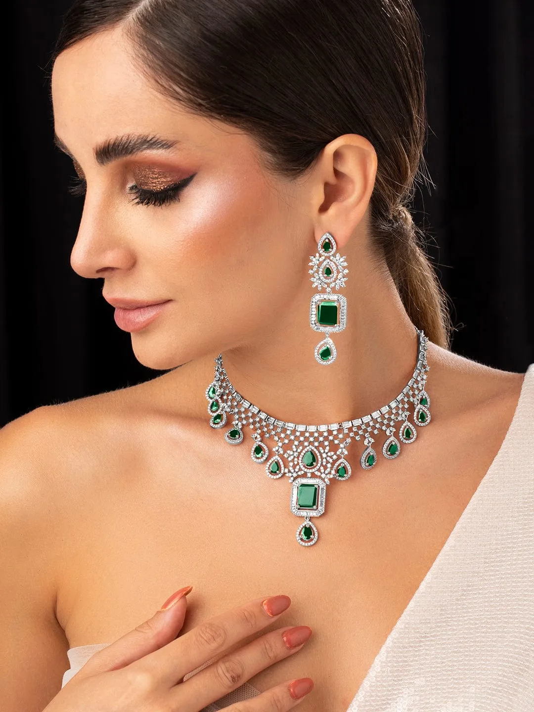 Rubans Rhodium-Plated Cubic Zirconia Studded Emerald Necklace and Earrings