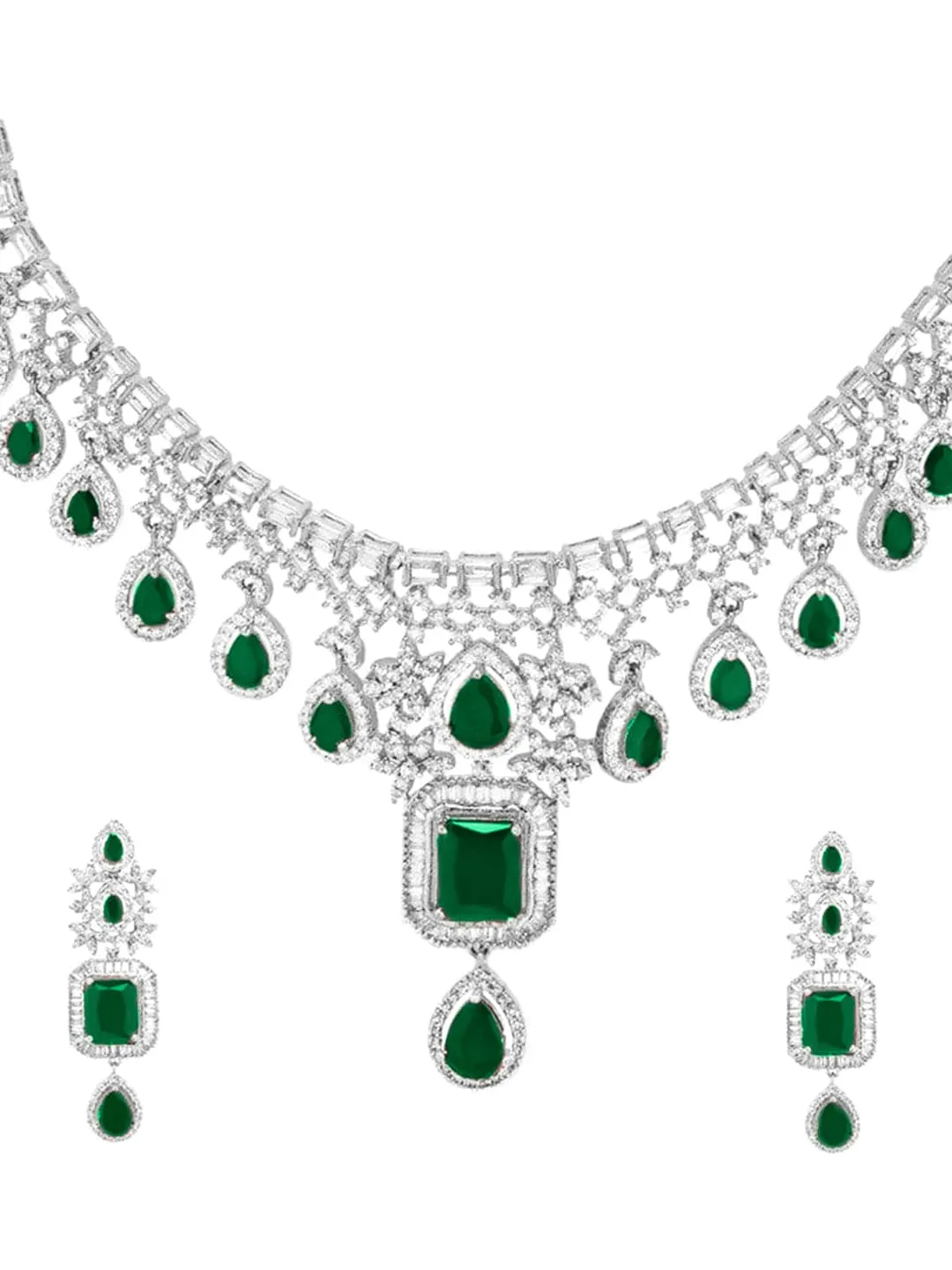 Rubans Rhodium-Plated Cubic Zirconia Studded Emerald Necklace and Earrings