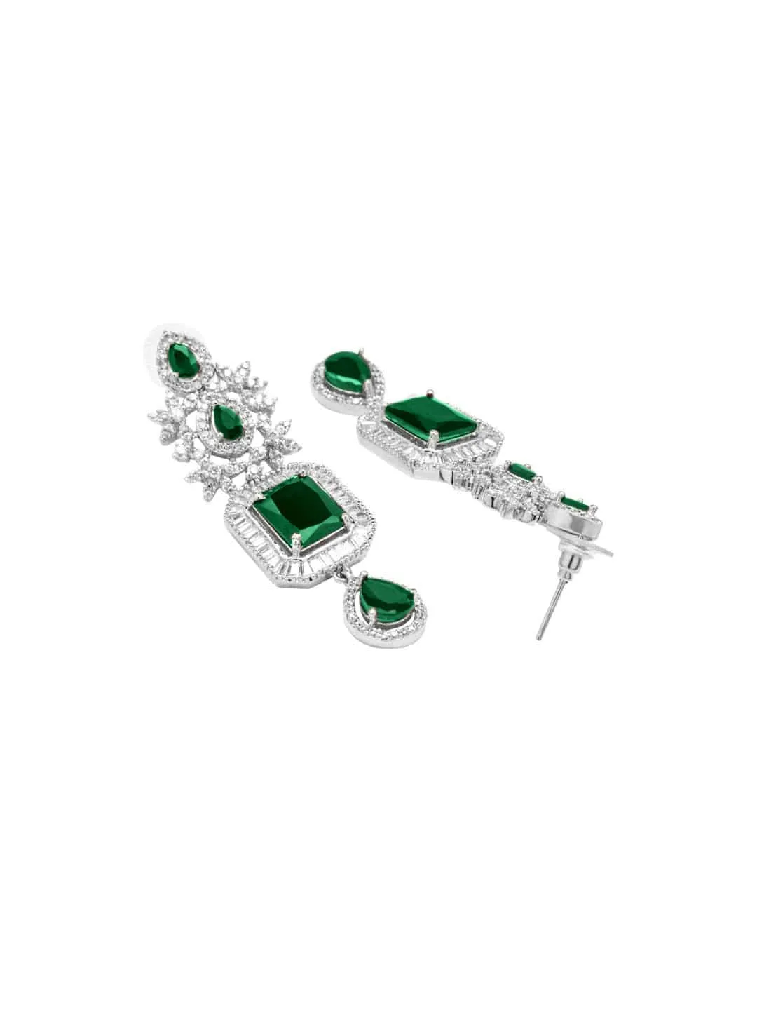 Rubans Rhodium-Plated Cubic Zirconia Studded Emerald Necklace and Earrings