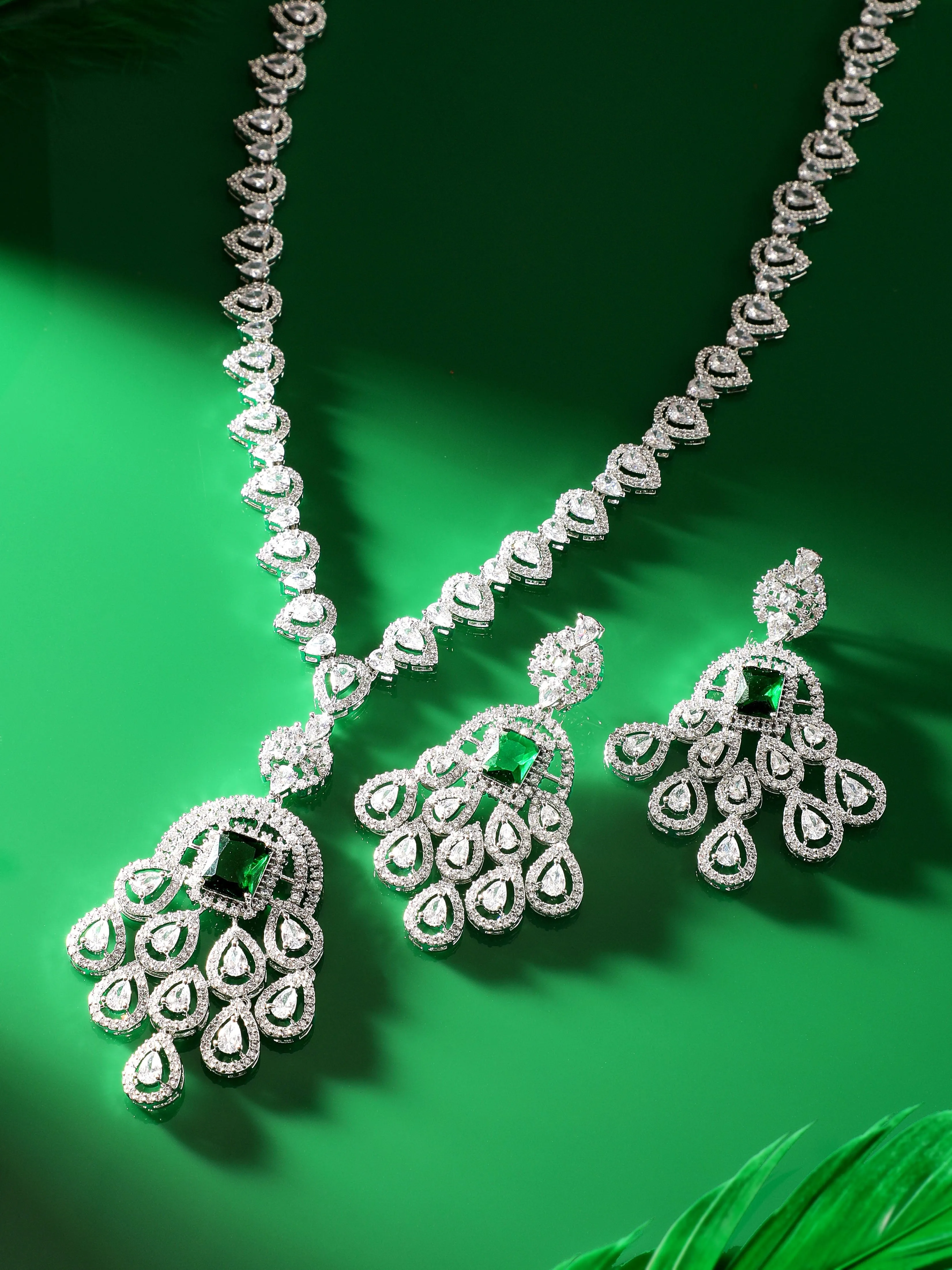 Rubans Rhodium plated emerald green zirconia studded luxury Pendant Necklace set