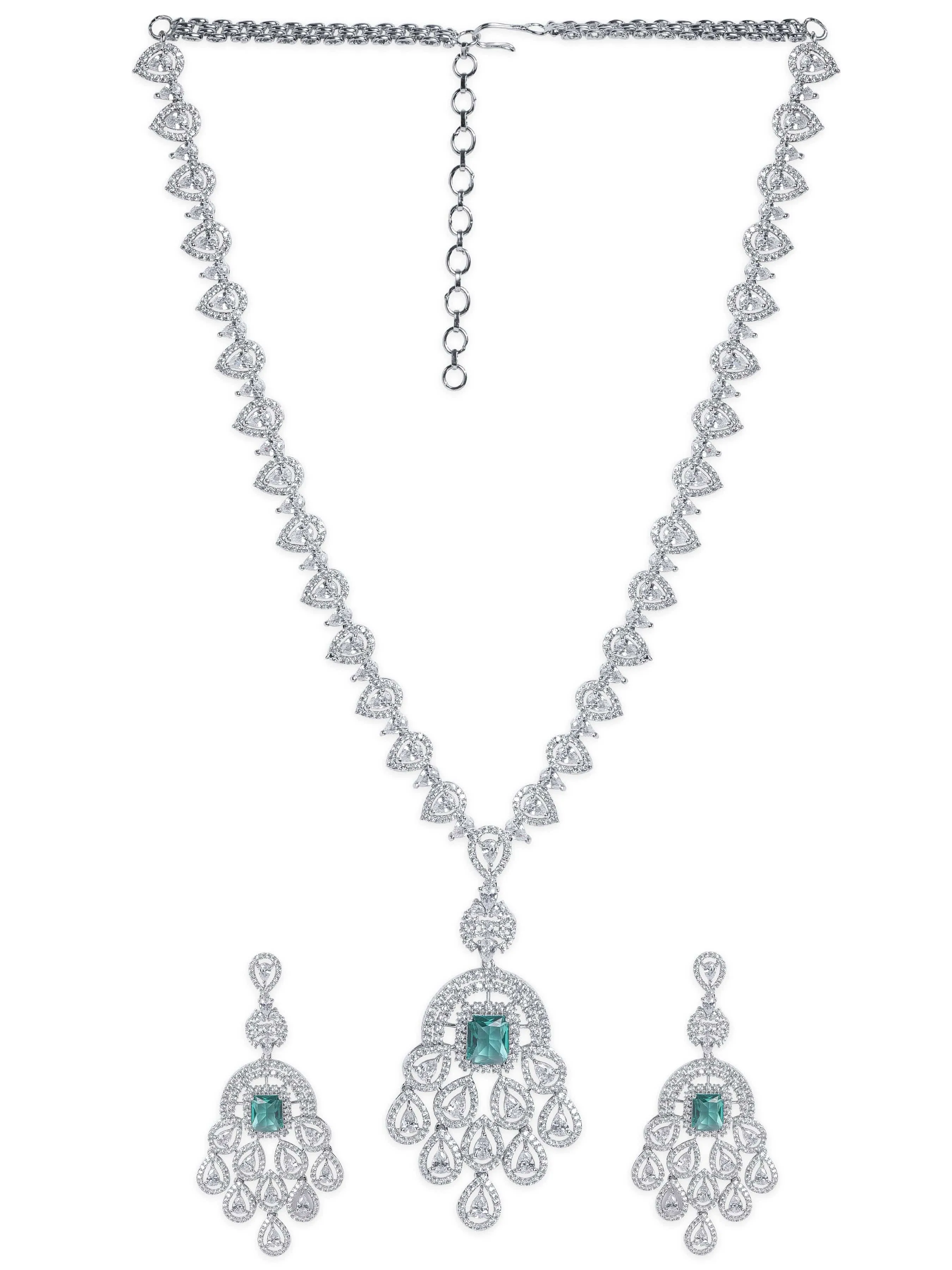 Rubans Rhodium plated emerald green zirconia studded luxury Pendant Necklace set