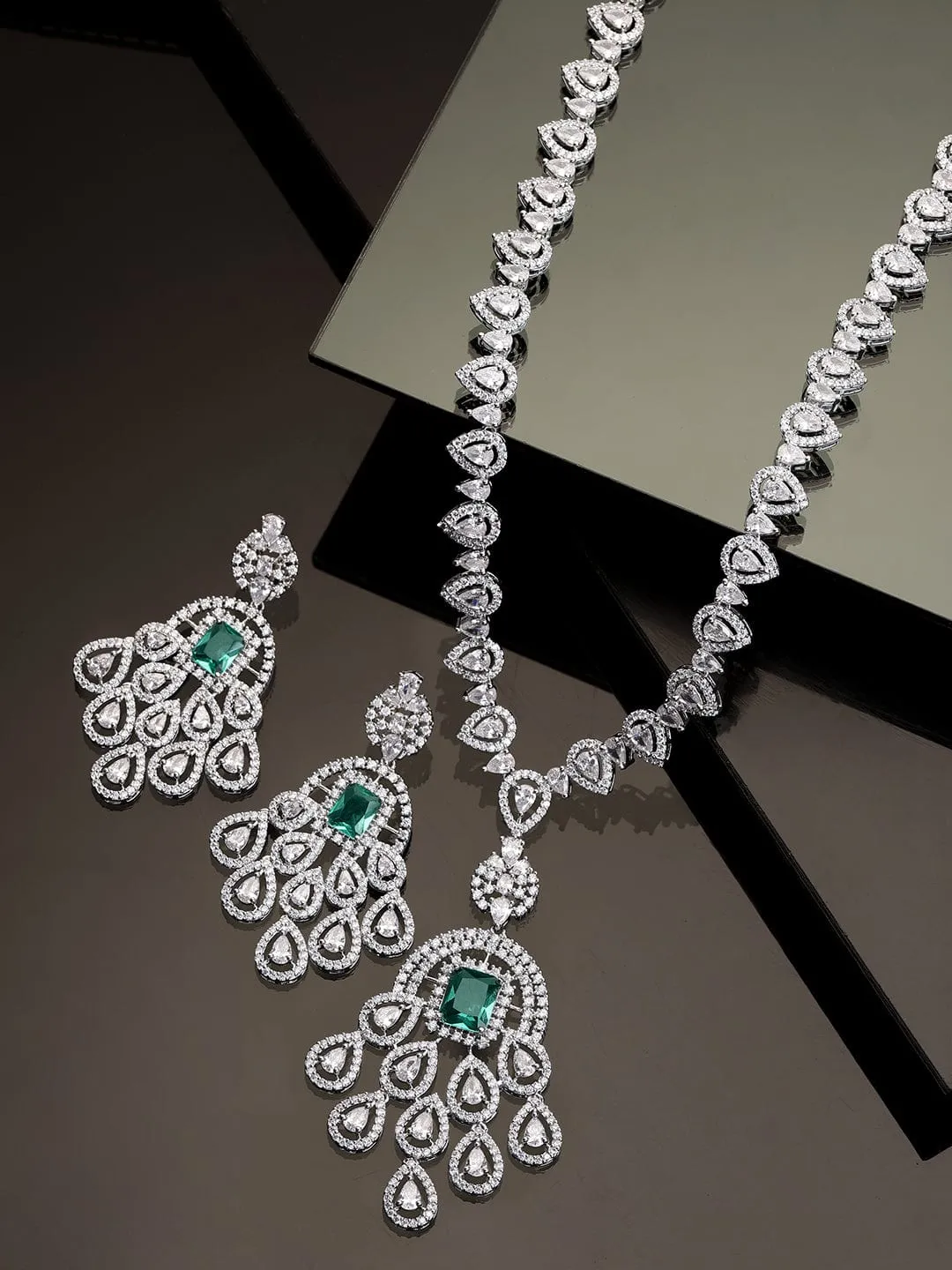 Rubans Rhodium plated emerald green zirconia studded luxury Pendant Necklace set