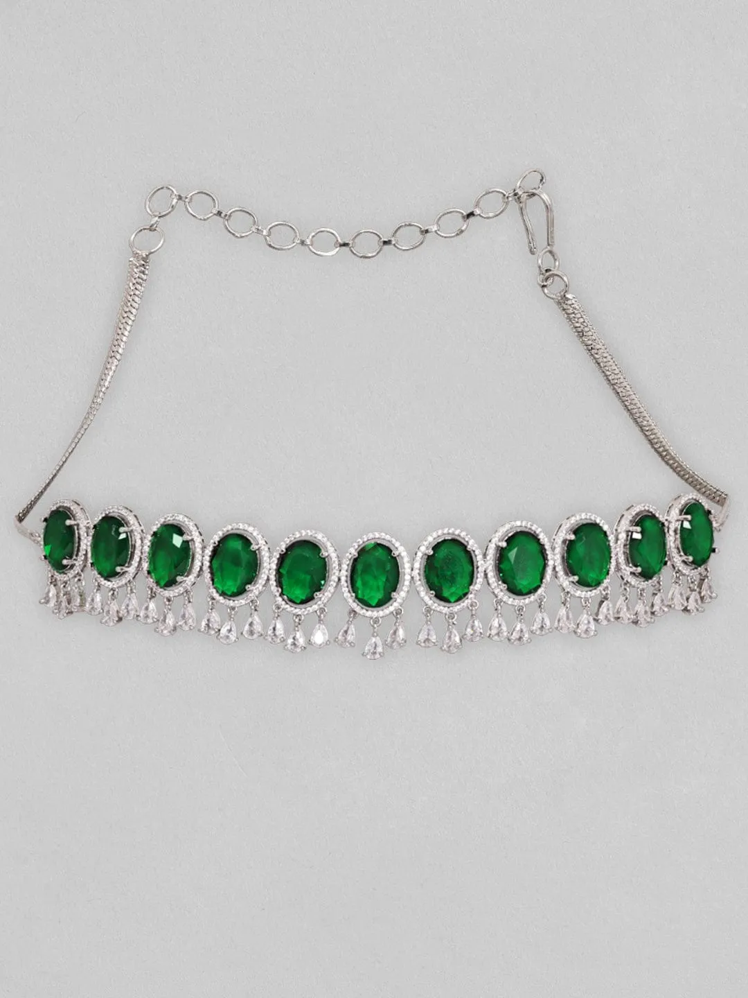 Rubans Rhodium Plated Premium White & Emerald Solitaire Zircons Necklace Set.