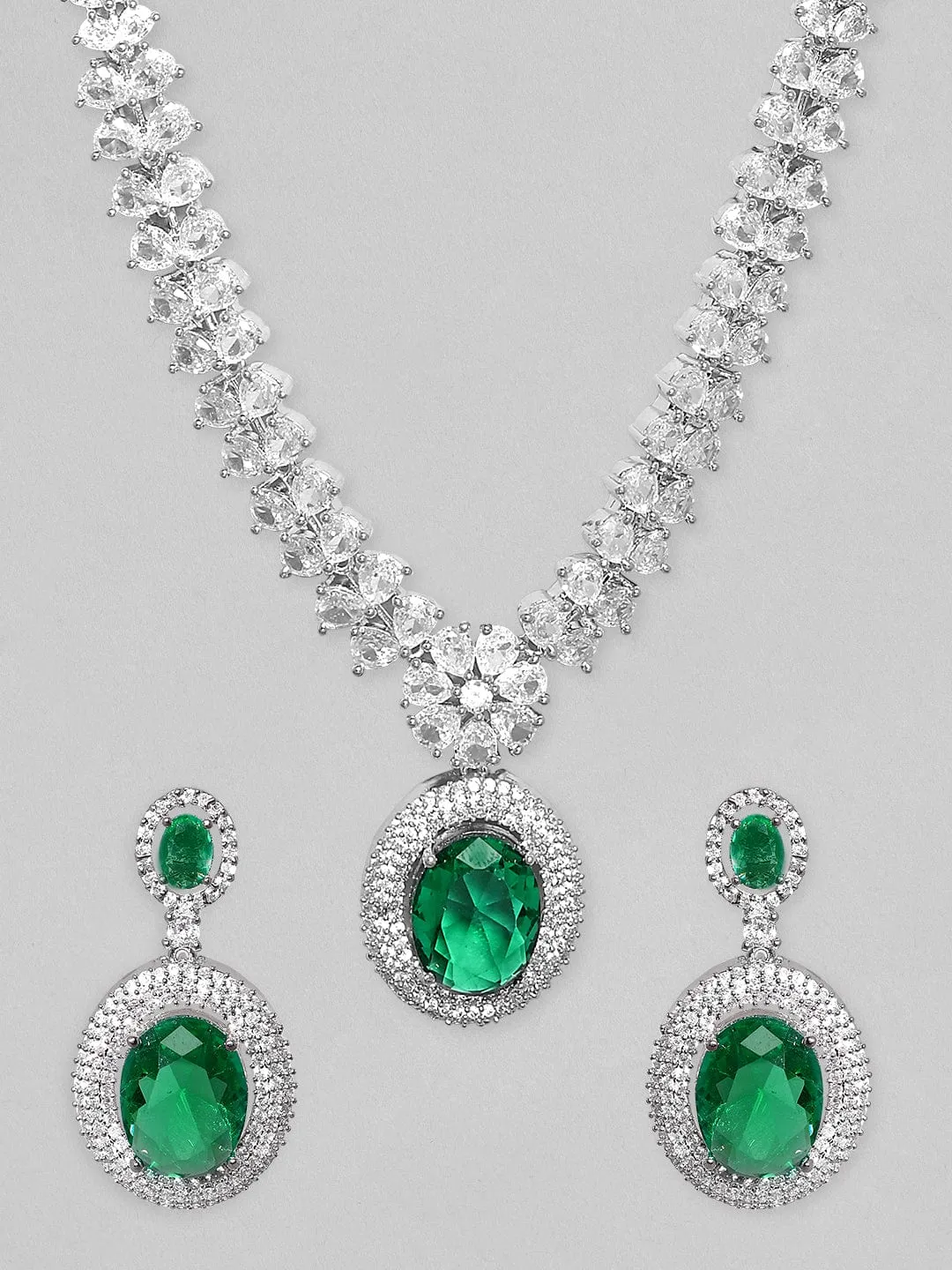 Rubans Rhodium Plated Premium White & Emerald Solitaire Zircons Pendant Necklace Set