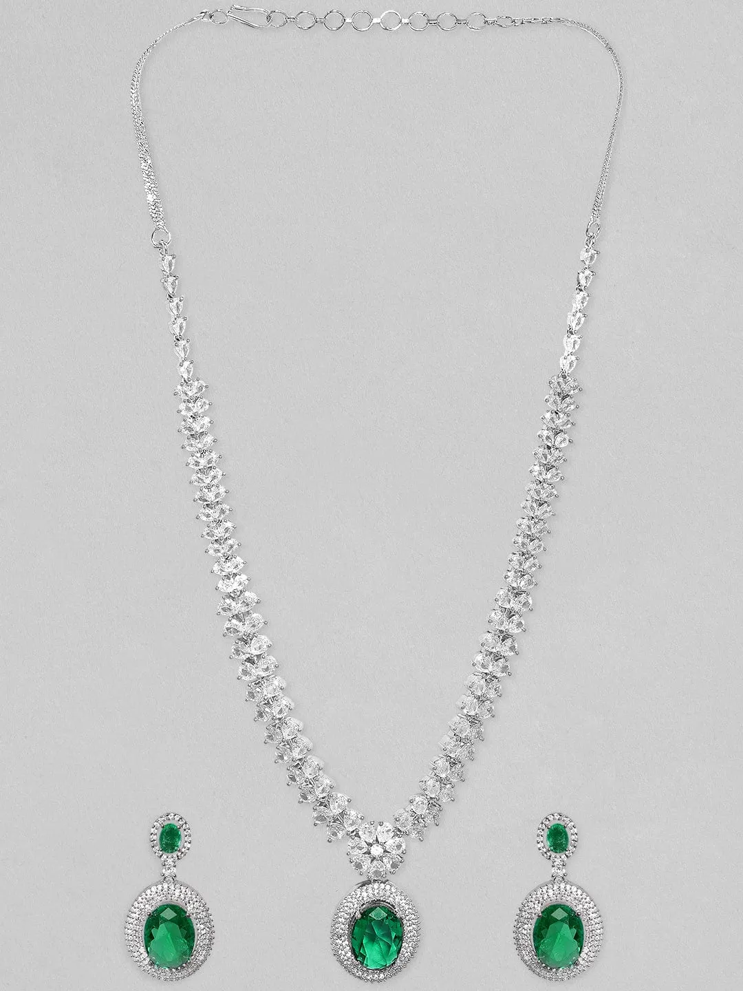 Rubans Rhodium Plated Premium White & Emerald Solitaire Zircons Pendant Necklace Set