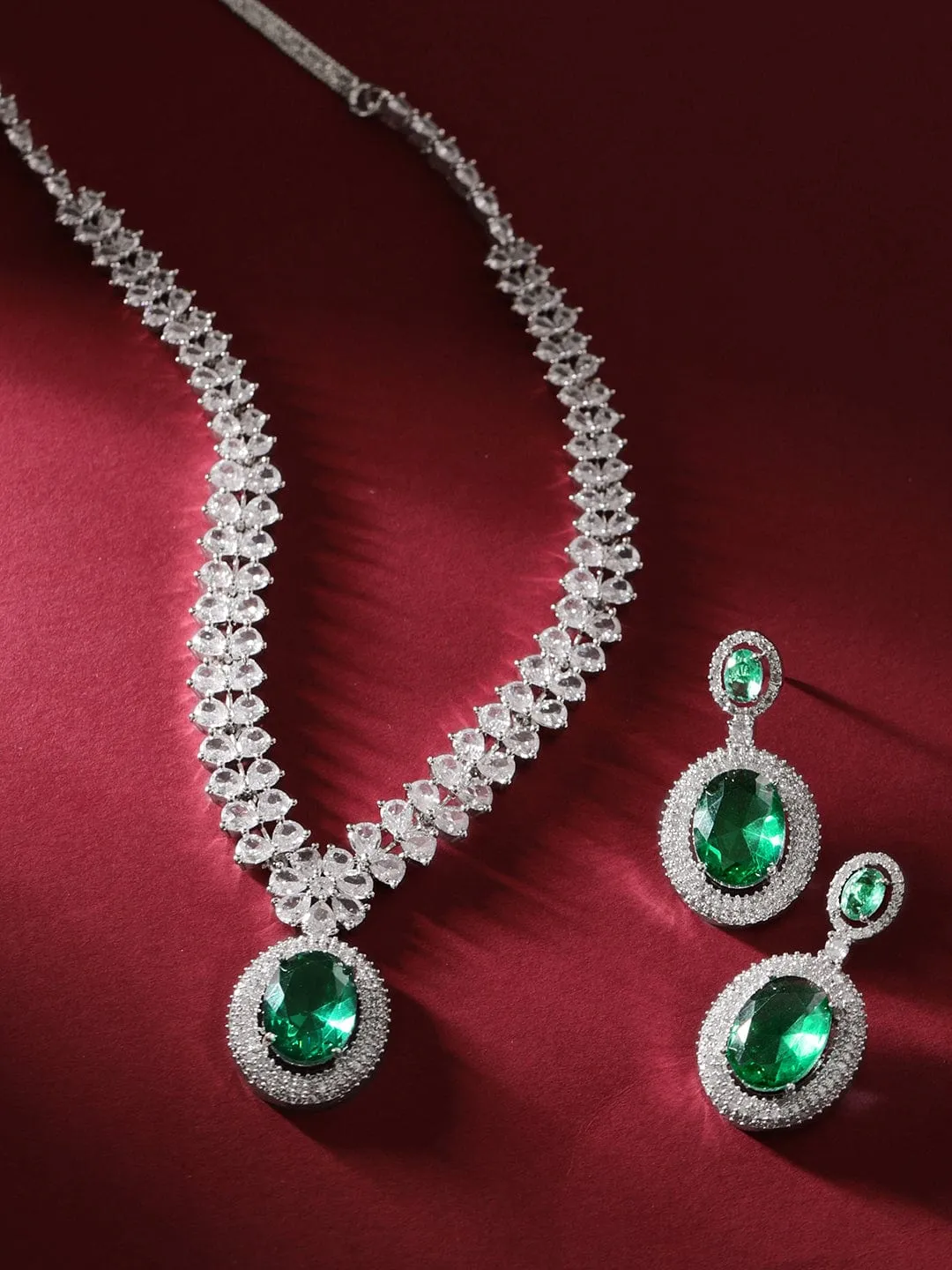 Rubans Rhodium Plated Premium White & Emerald Solitaire Zircons Pendant Necklace Set