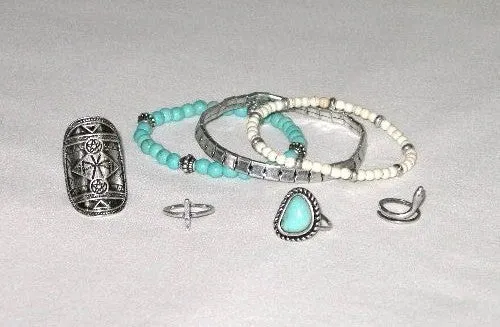 SALE 50% OFF Stacking Rings And Bracelets 7 Piece Set Coral Or Turquoise Silver Boho Tribal Shield Indian Jewelry Asp Snake Egyptian 4 Ring 3 Bracelet Set