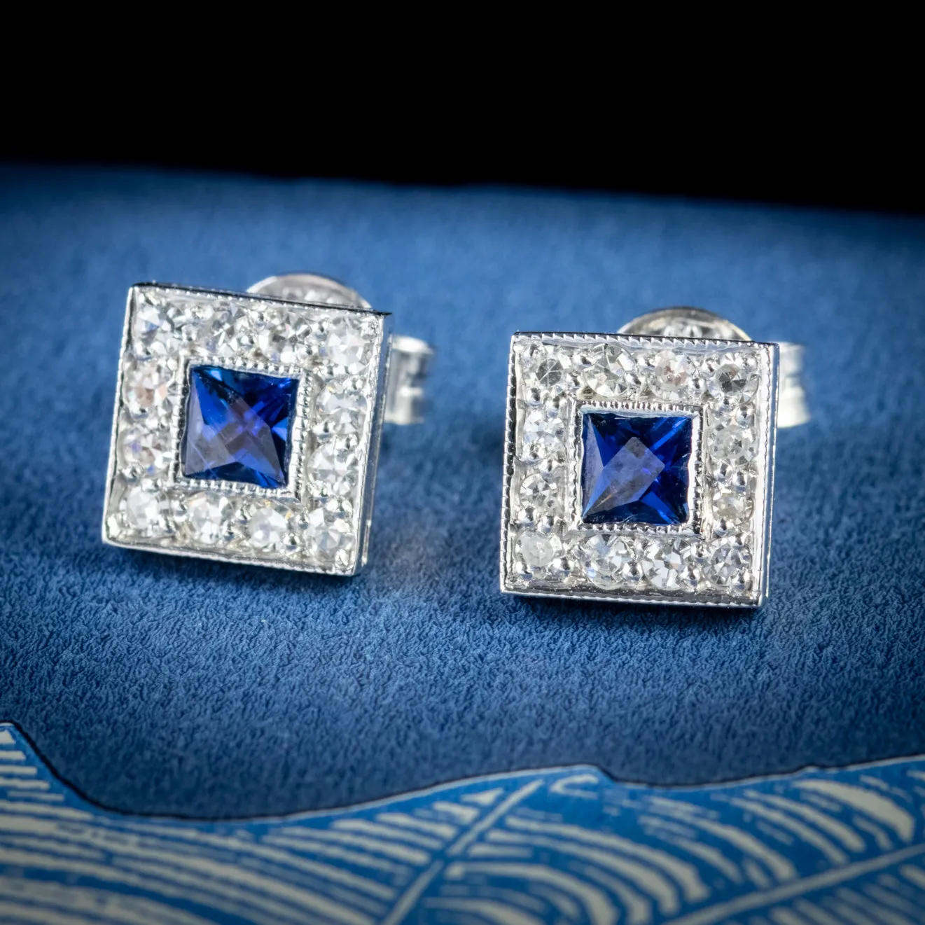 Sapphire Diamond Square Earrings 18Ct White Gold