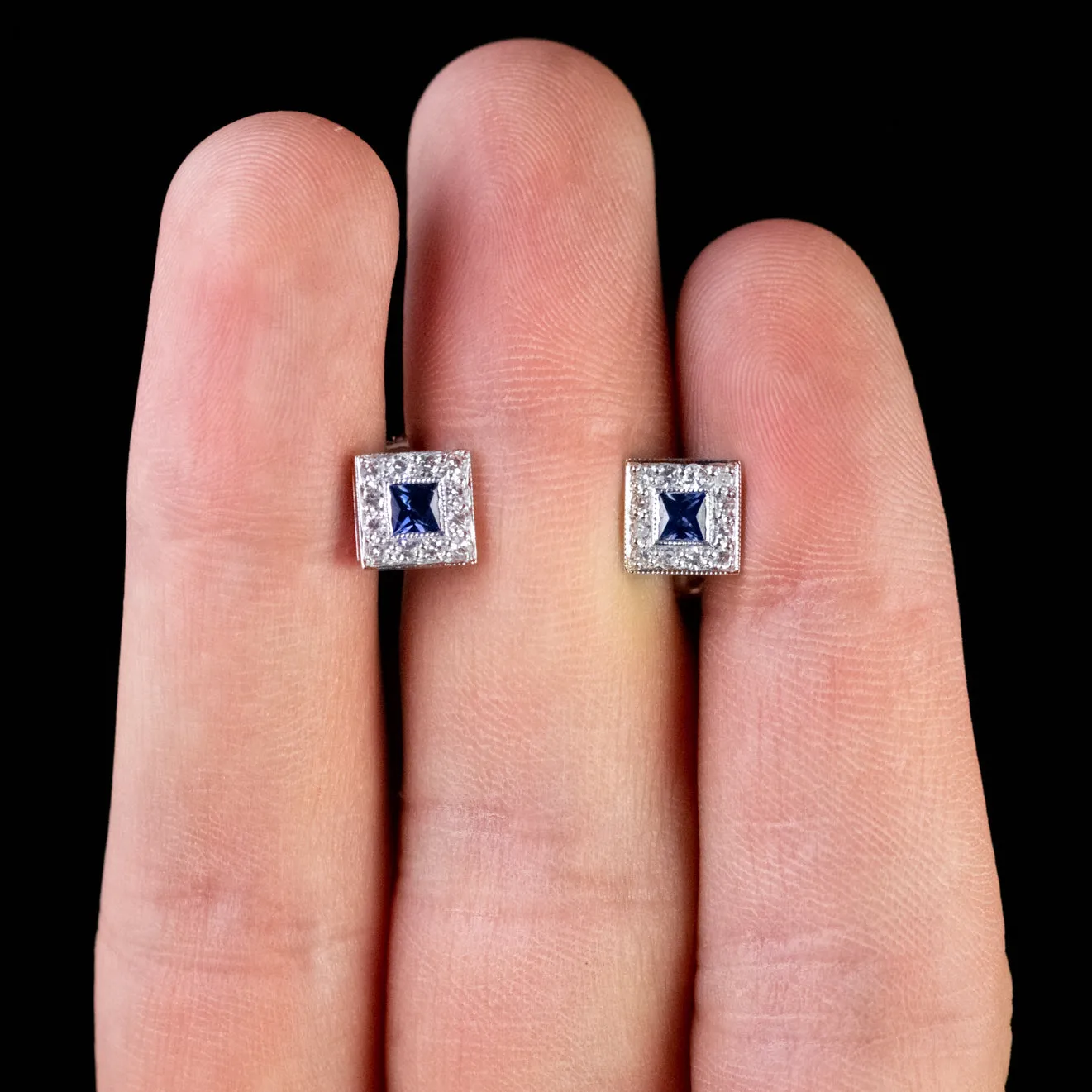 Sapphire Diamond Square Earrings 18Ct White Gold