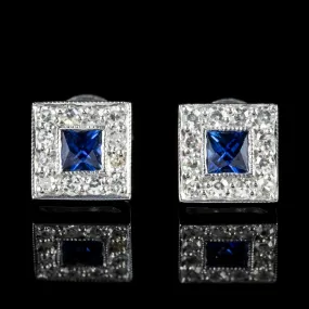 Sapphire Diamond Square Earrings 18Ct White Gold