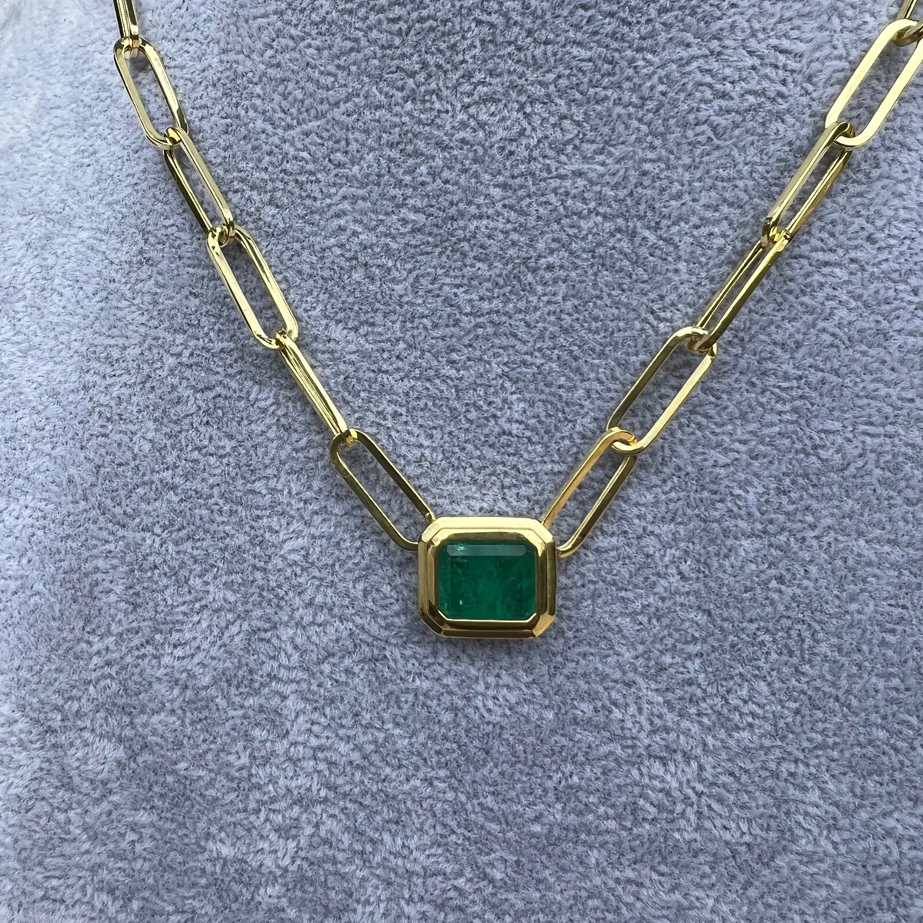 Silver gold plated emerald bezel paperclip chain necklace