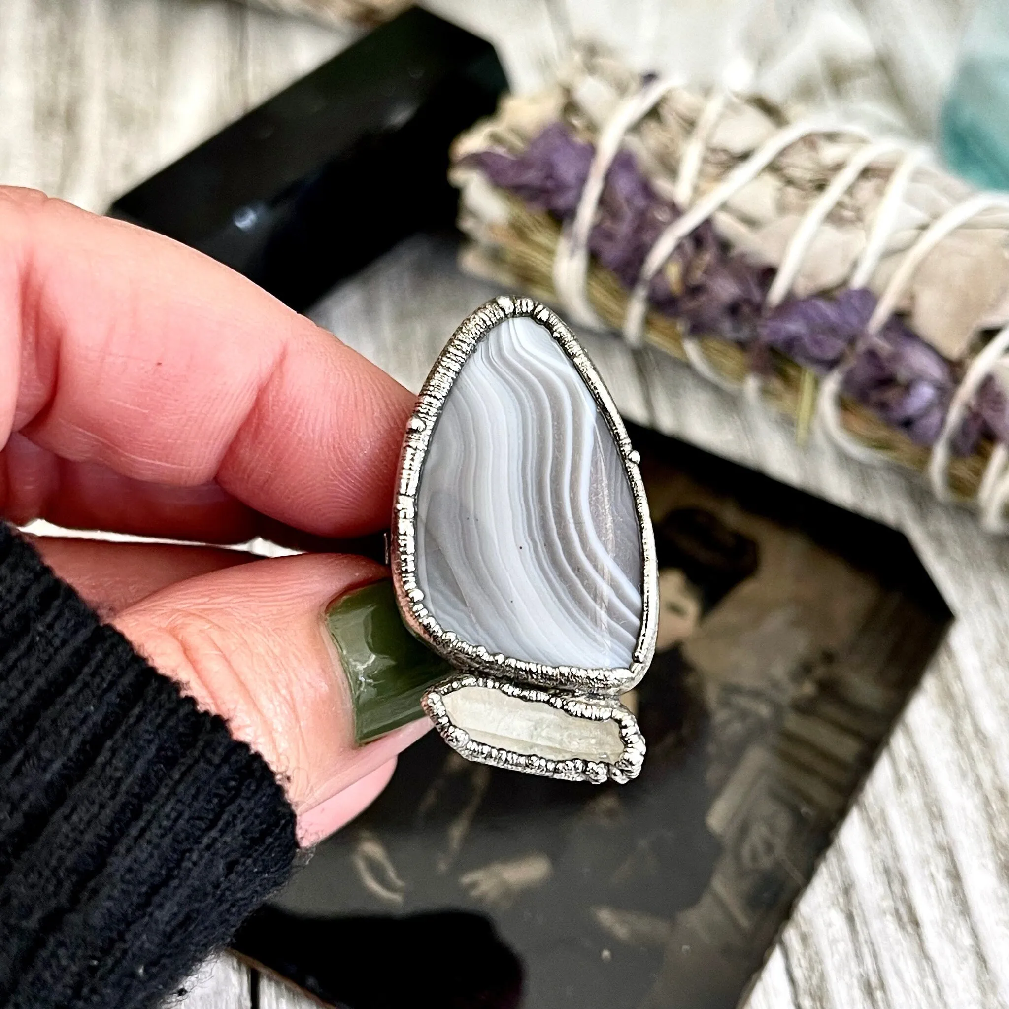 Size 7 Two Stone Ring- Banded Agate Clear Quartz Crystal Ring Fine Silver / Foxlark Collection - One of a Kind