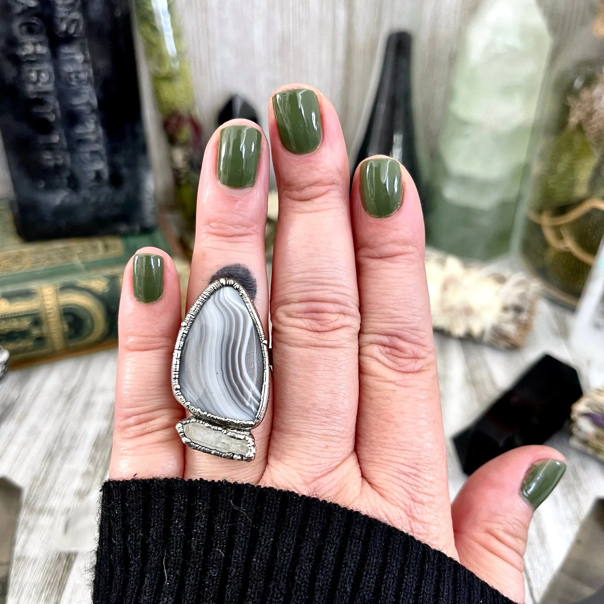 Size 7 Two Stone Ring- Banded Agate Clear Quartz Crystal Ring Fine Silver / Foxlark Collection - One of a Kind