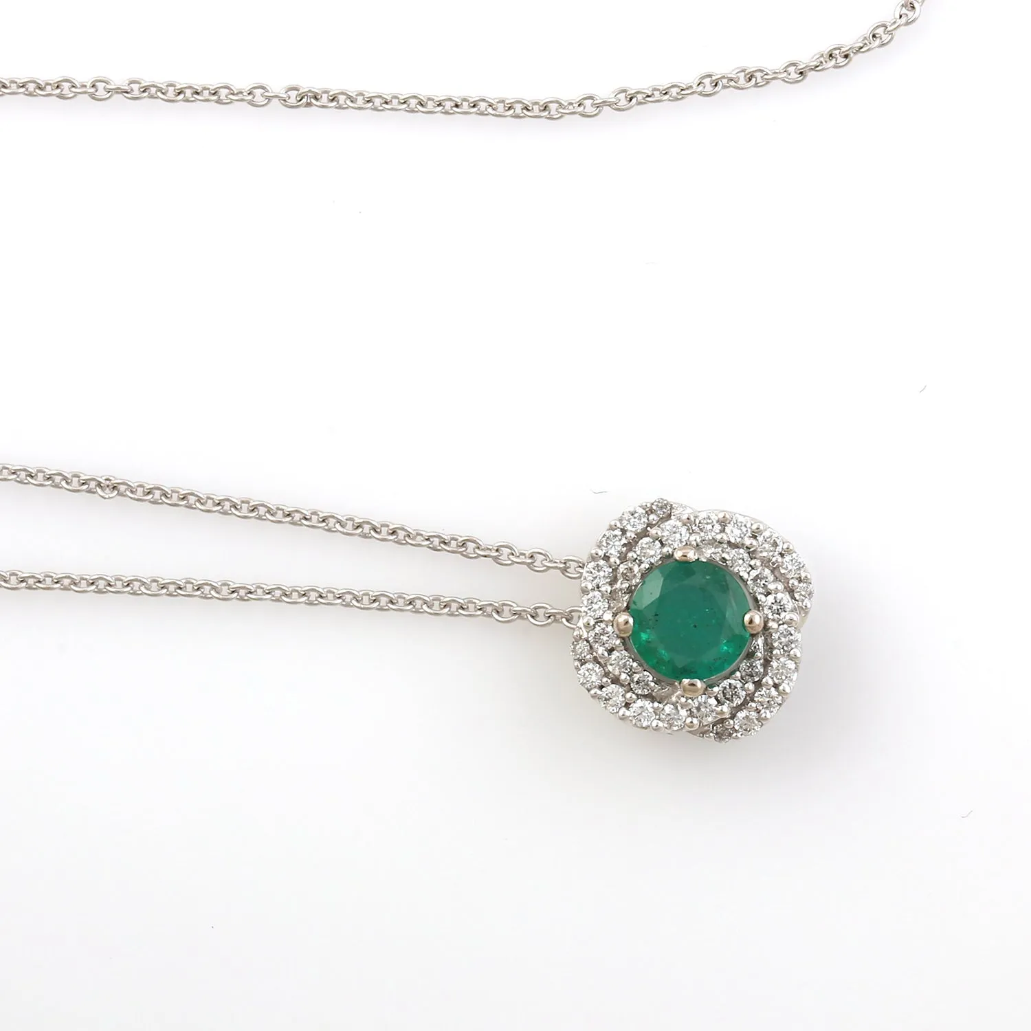 Solid 14k White Gold Chain Necklace With Natural Emerald & Diamond Swirl Pendant