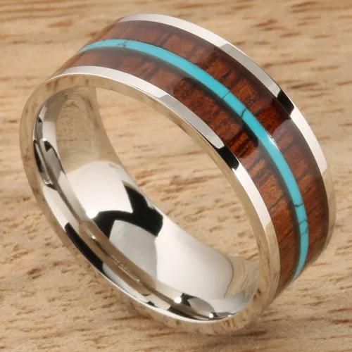 Stainless Steel Natural Koa Wood and Turquoise Triple Row Flat Wedding Ring 8mm