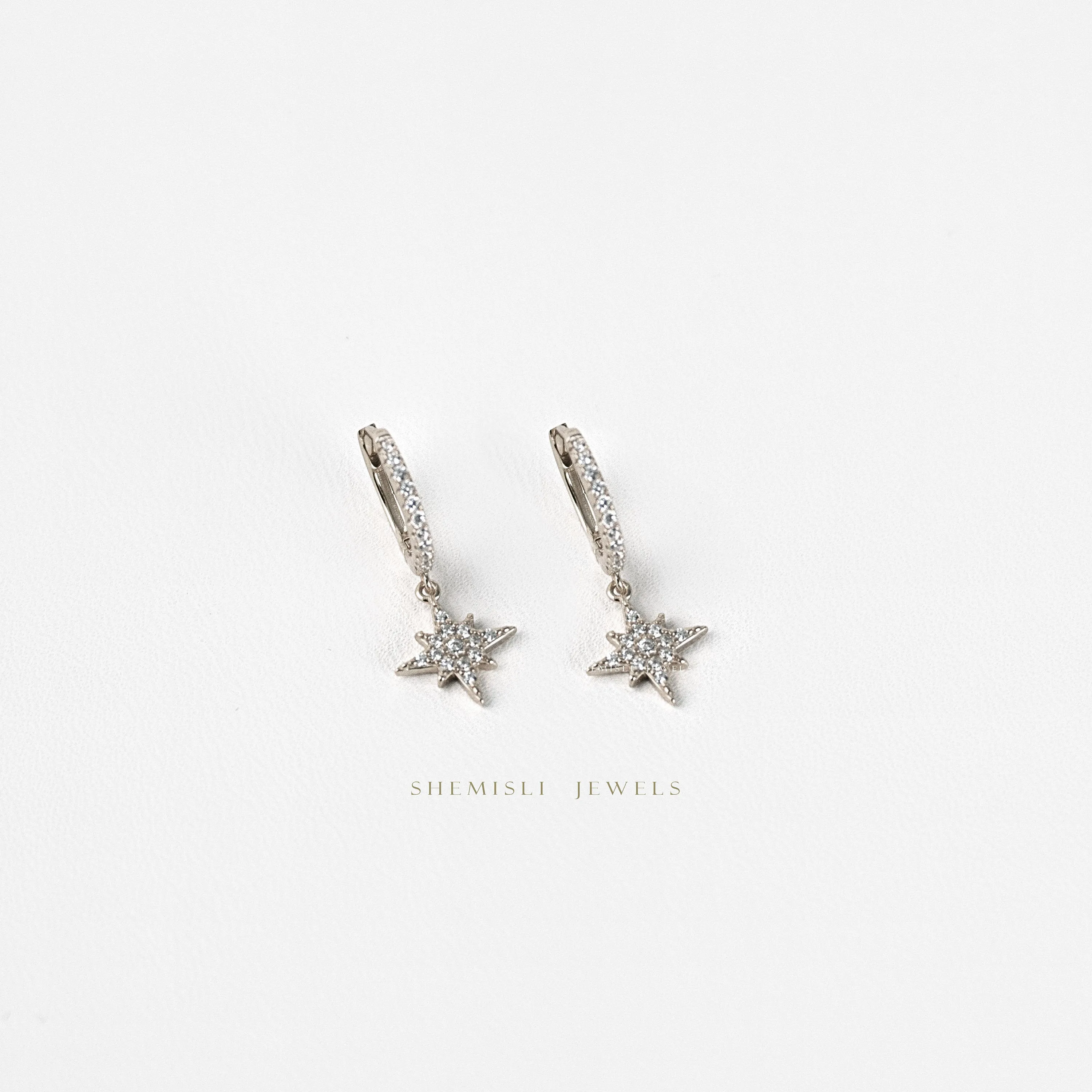 Star Hoop Earrings, Pave CZ Drop Huggies, Gold, Silver SHEMISLI - SH424 (plain hoop) SH113 (cz hoop)