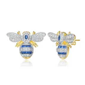 Sterling Silver 14k Yellow Gold Plated with Blue Sapphire & Cubic Zirconia Wasp Stud Earrings