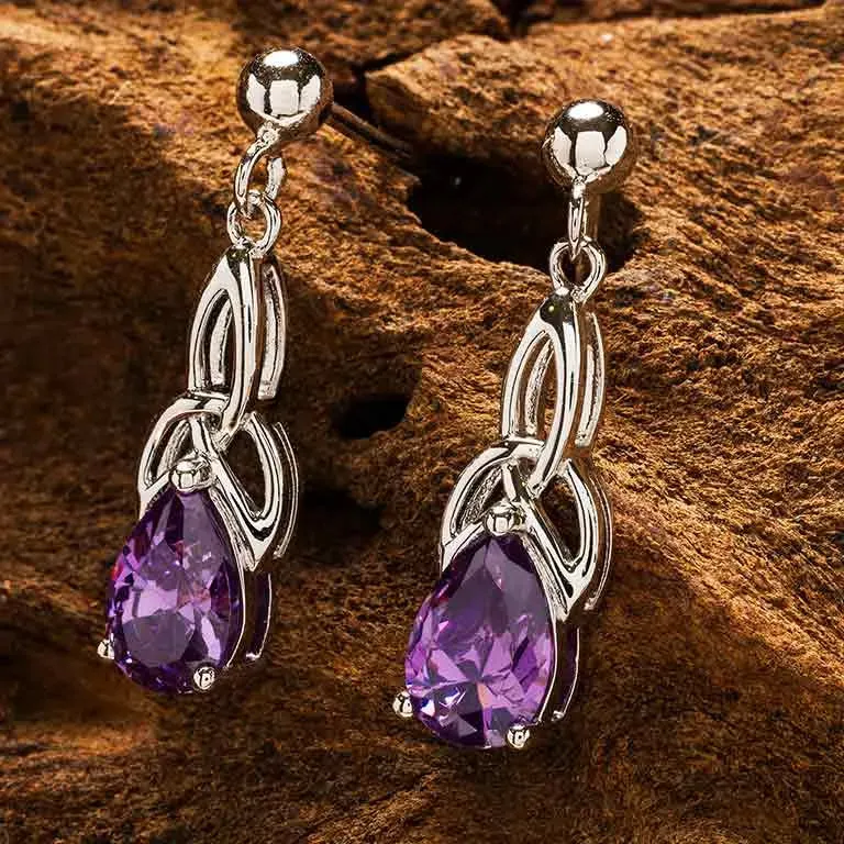 Sterling Silver Cubic Zirconia Amethyst Trinity Knot Earrings