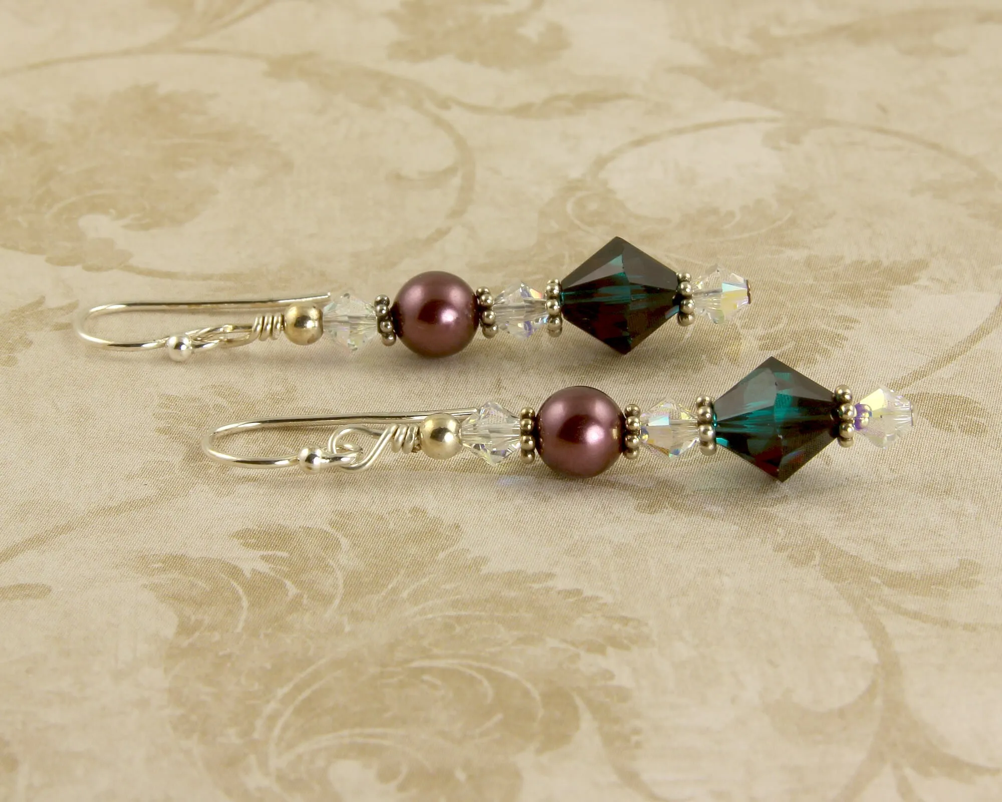 Teal Burgundy Crystal Beaded Earrings