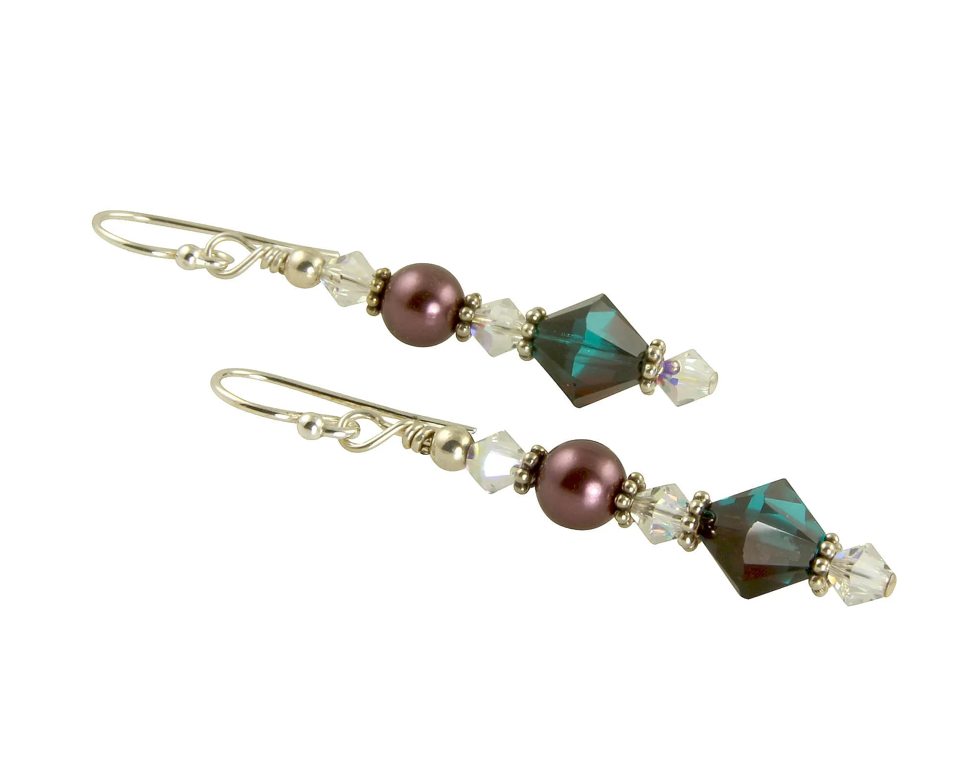 Teal Burgundy Crystal Beaded Earrings