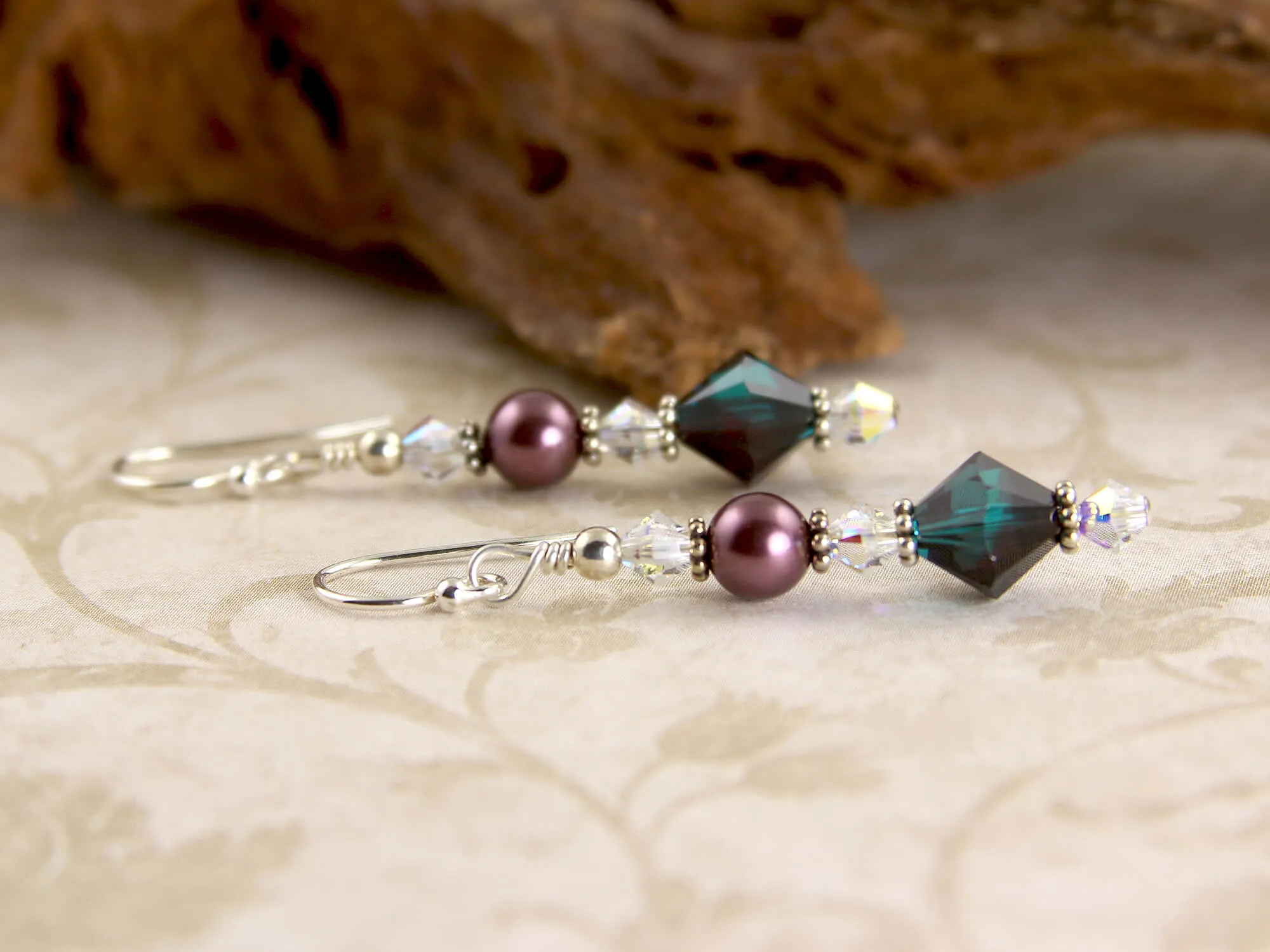 Teal Burgundy Crystal Beaded Earrings