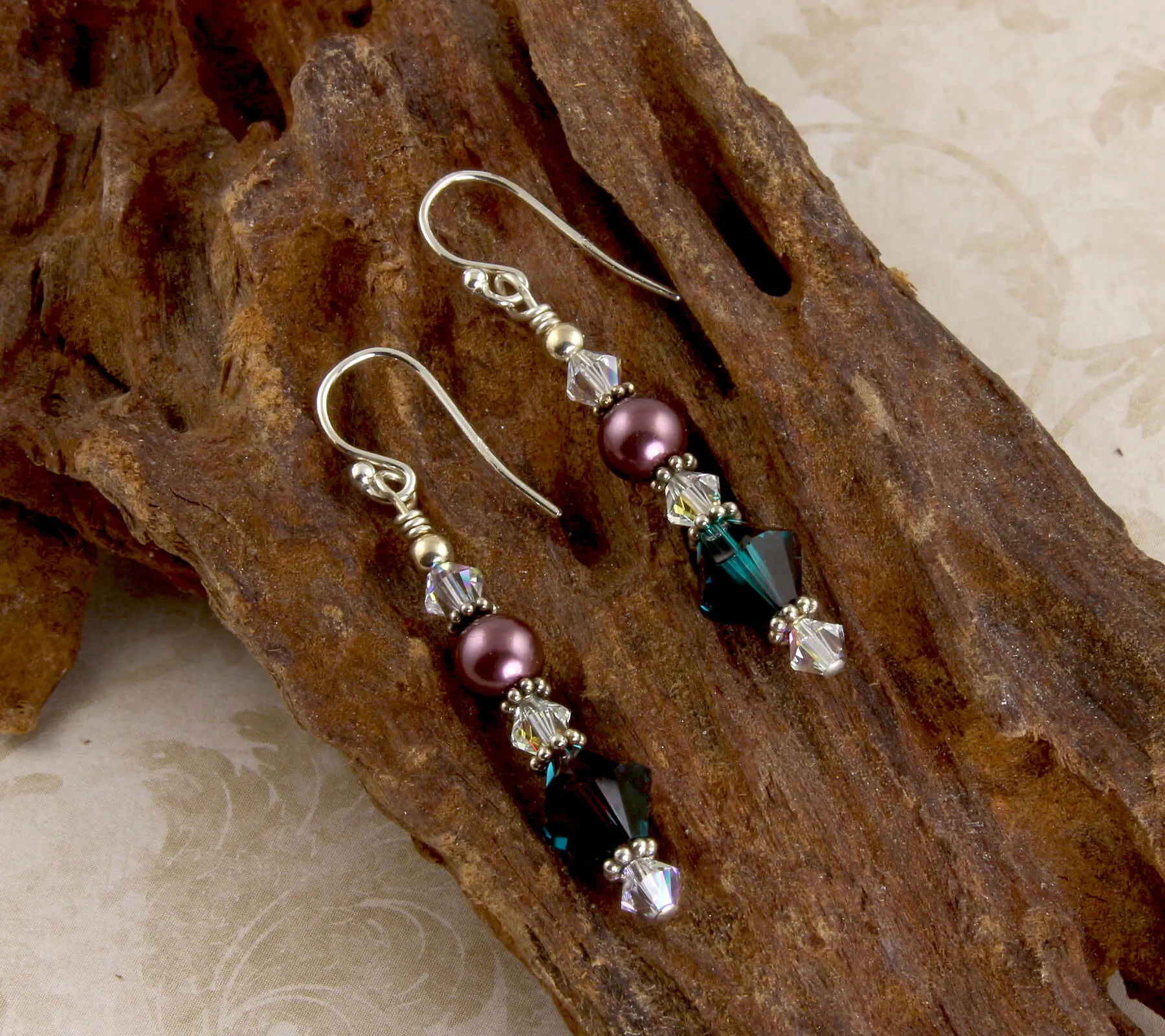 Teal Burgundy Crystal Beaded Earrings