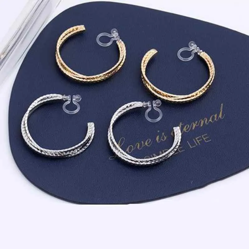 Textured Triple Hoop Hoop Invisible Clip On Hoop Earrings (Gold/Silver)