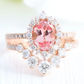 Tiara Halo Oval Pave Ring Set w/ Peach Sapphire and Large 7 Diamond U Band