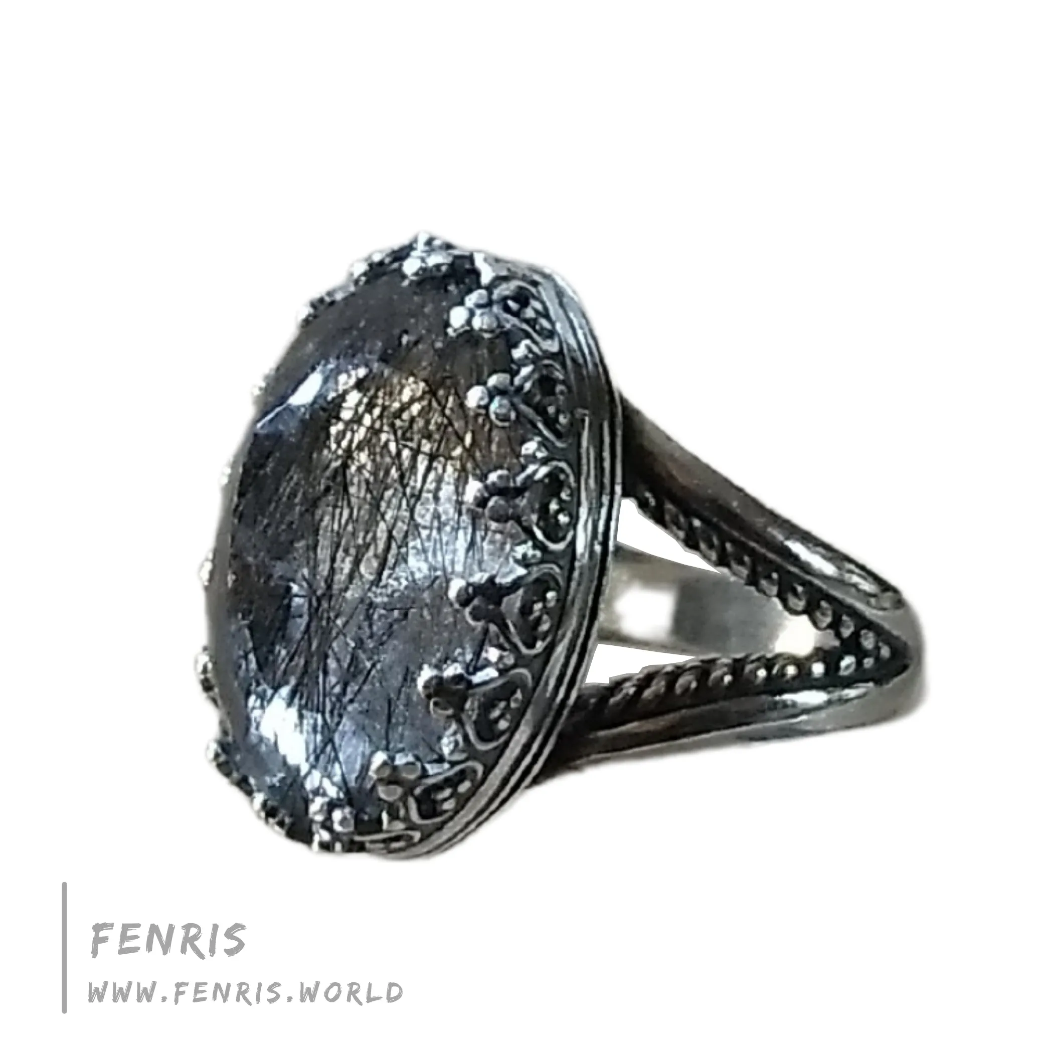 Tourmalinated Quartz 925 Sterling Silver Cocktail Ring - Fenris