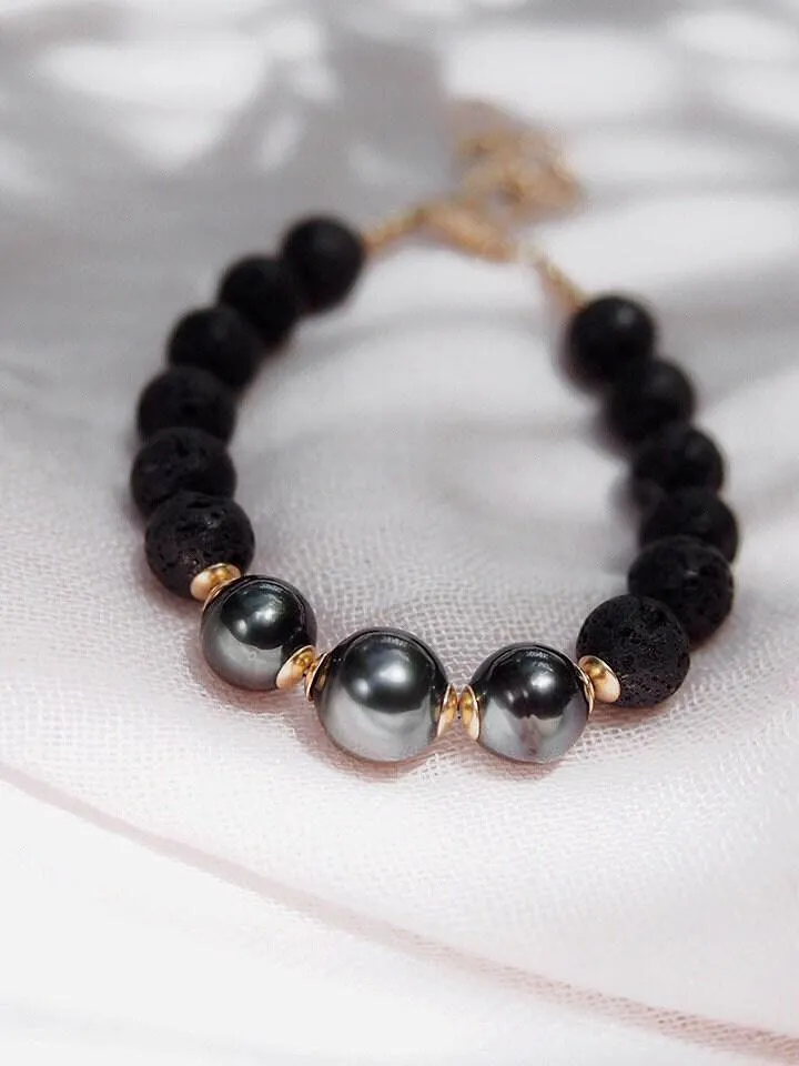 Triple Tahitian Pearl and Lava Bead Bracelet - Kalani