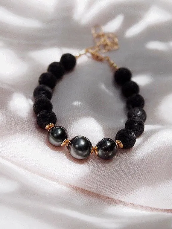 Triple Tahitian Pearl and Lava Bead Bracelet - Kalani