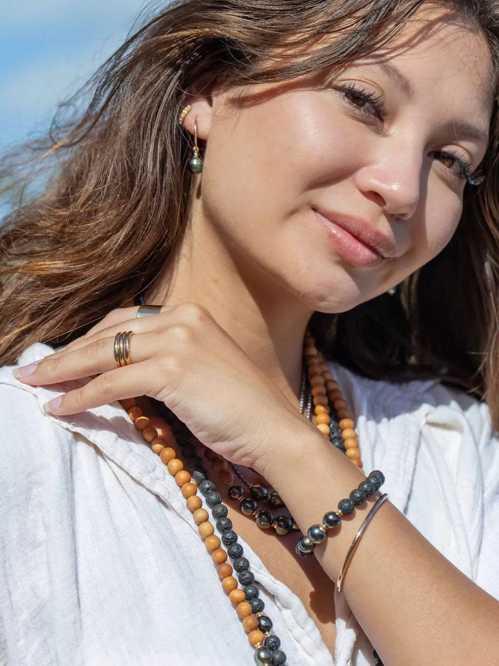 Triple Tahitian Pearl and Lava Bead Bracelet - Kalani