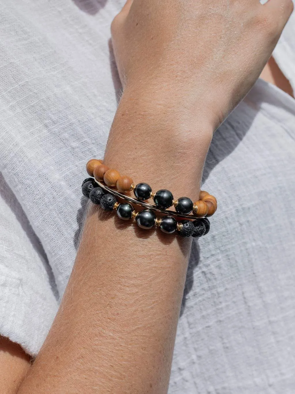 Triple Tahitian Pearl and Lava Bead Bracelet - Kalani