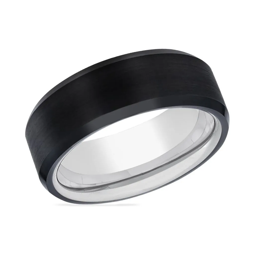 TRON | Silver Ring, Black Tungsten Ring, Brushed, Beveled